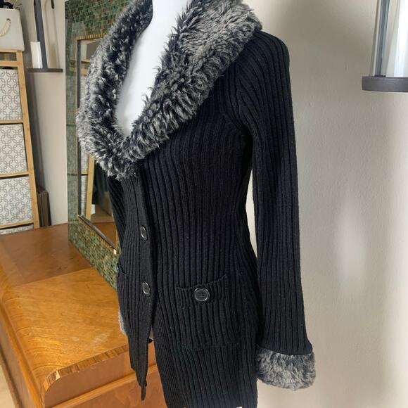 Vintage 90s Y2K Size M Faux Fur Collar Ribbed Kni Cardigan Sweater Black Winter - Picture 2 of 9